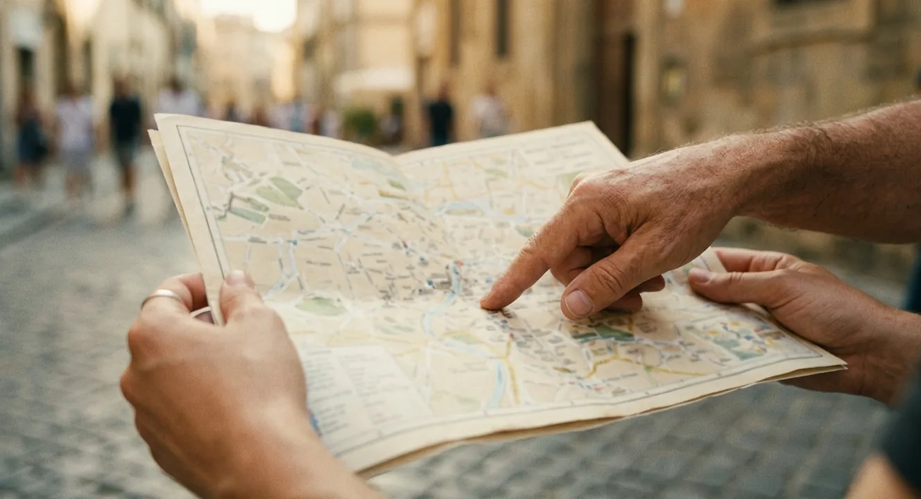Two people on a street looking at a paper map together, one pointing out the way.