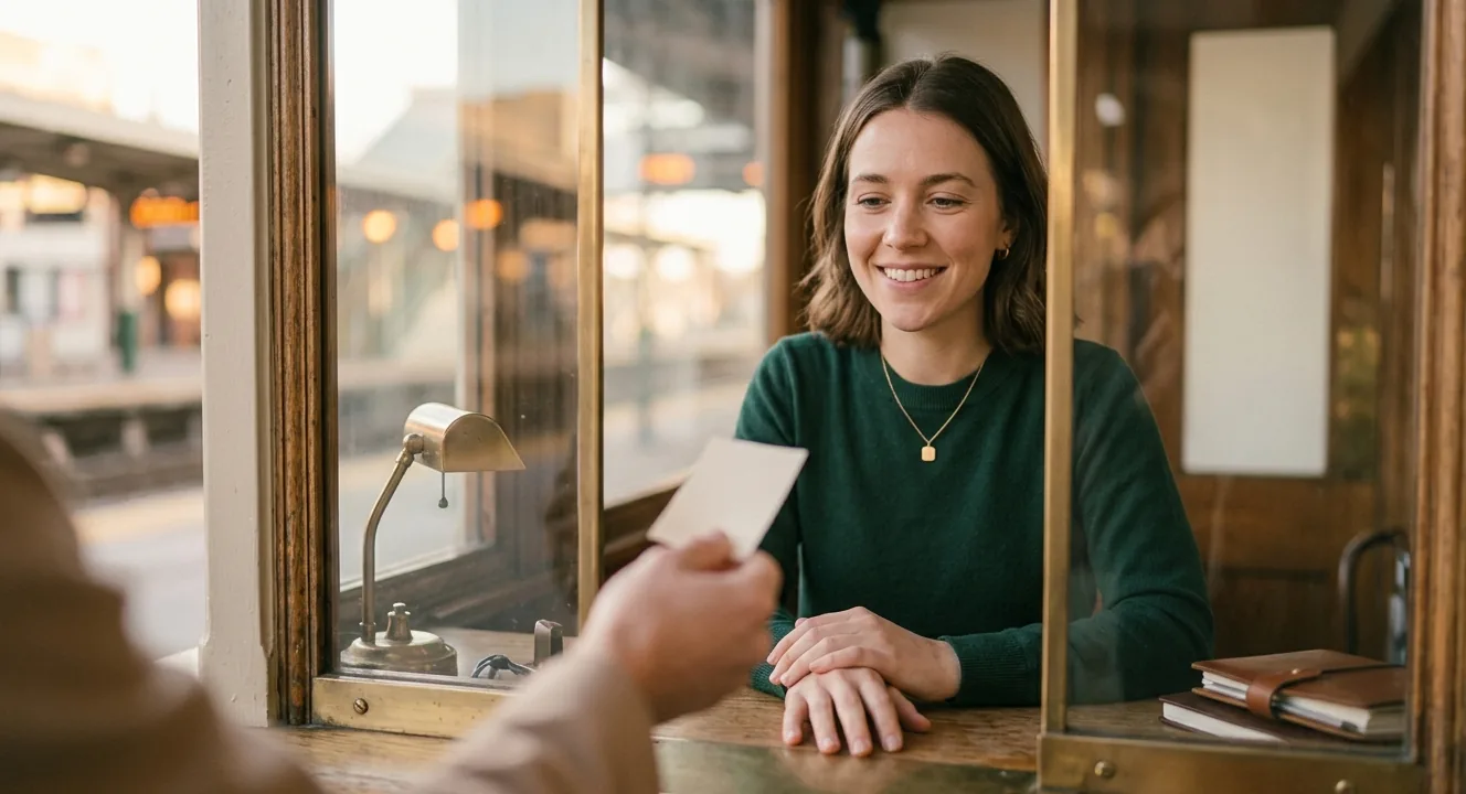 A hand holding a paper train ticket at a station ticket window.