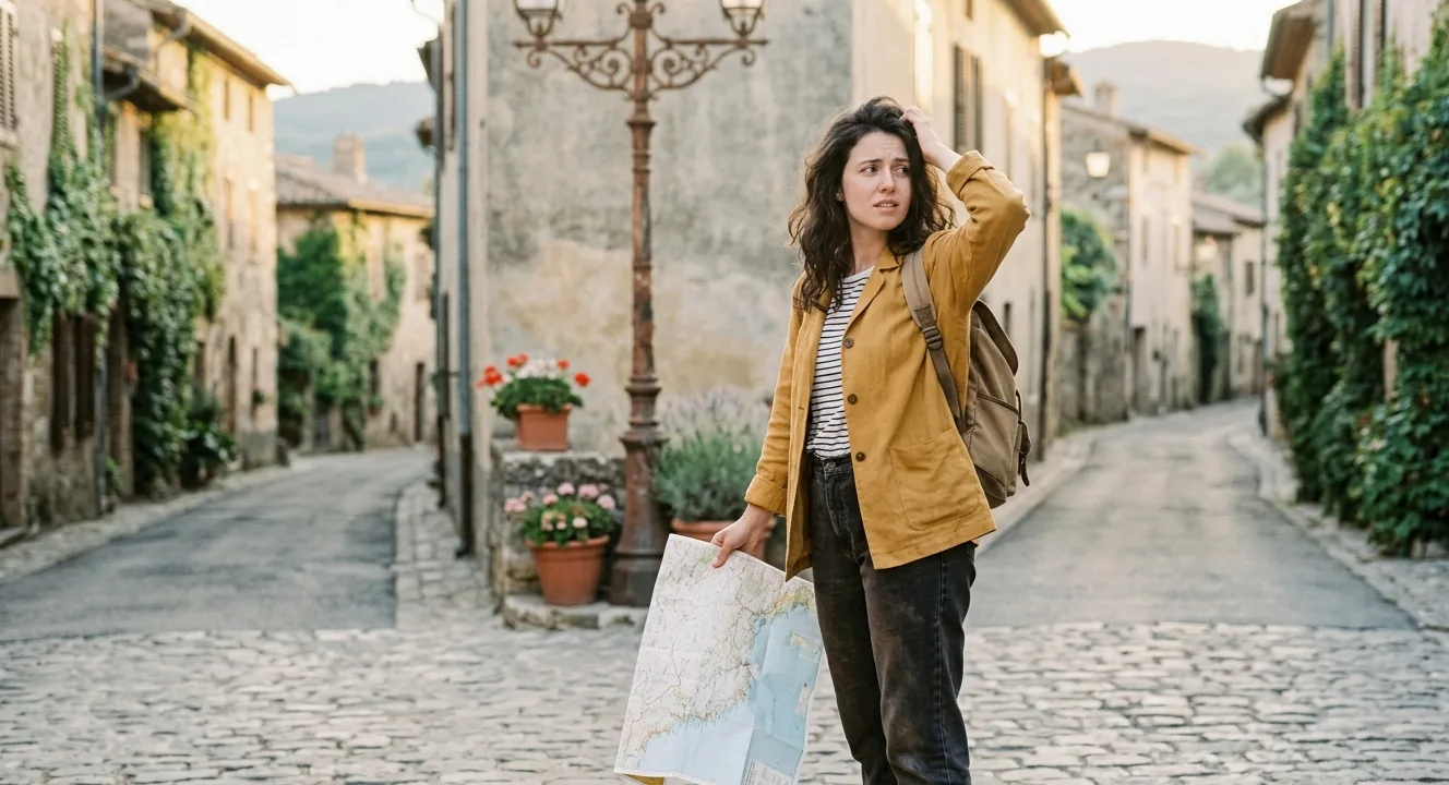 A person standing on a street corner holding a phone and looking around for a landmark.
