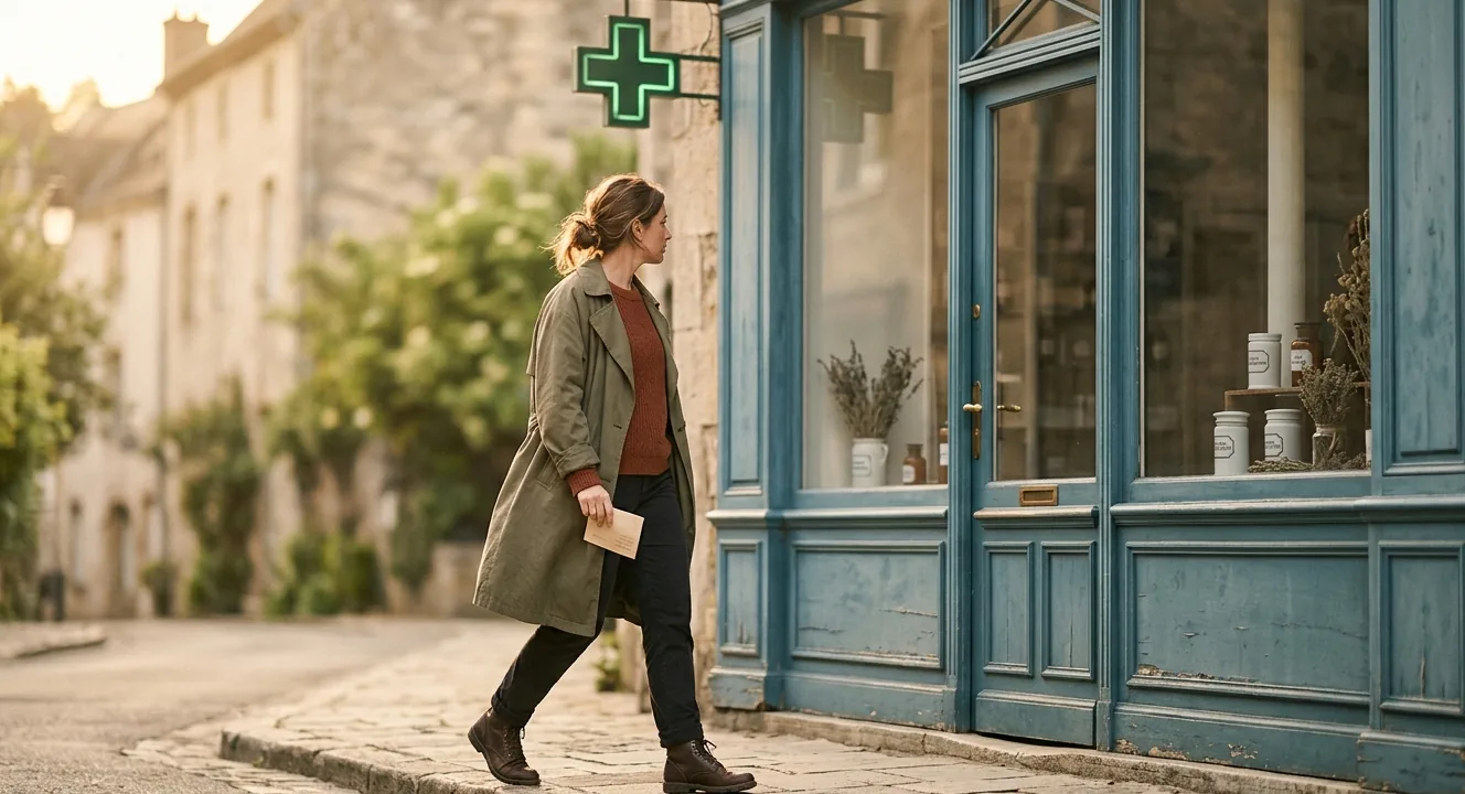 A lit green cross pharmacy sign above a shop on a street.