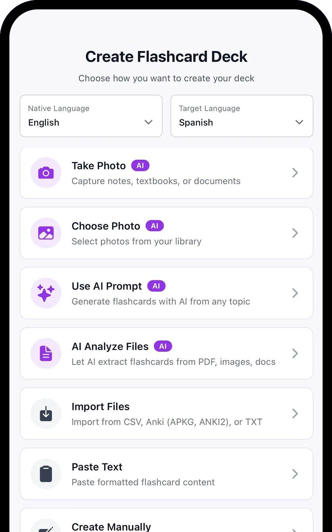 Kioki app screen: creating a flashcard deck with AI
